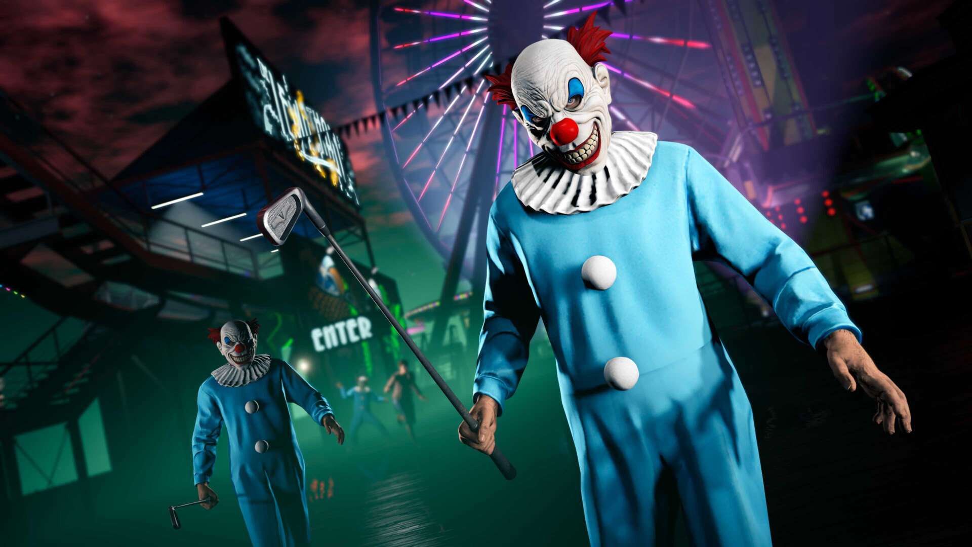 Dois personagens de GTA Online vestidos com o Traje Palhaço Estripador no Píer Del Perro.