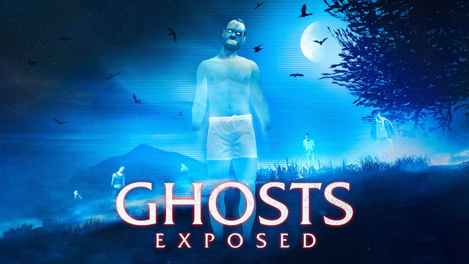Cartaz de Ghosts Exposed mostrando uma cena azul brilhante cheia de linhas de um escâner de varredura detectando fantasmas em uma colina sob uma lua brilhante e com pássaros voando ao redor.